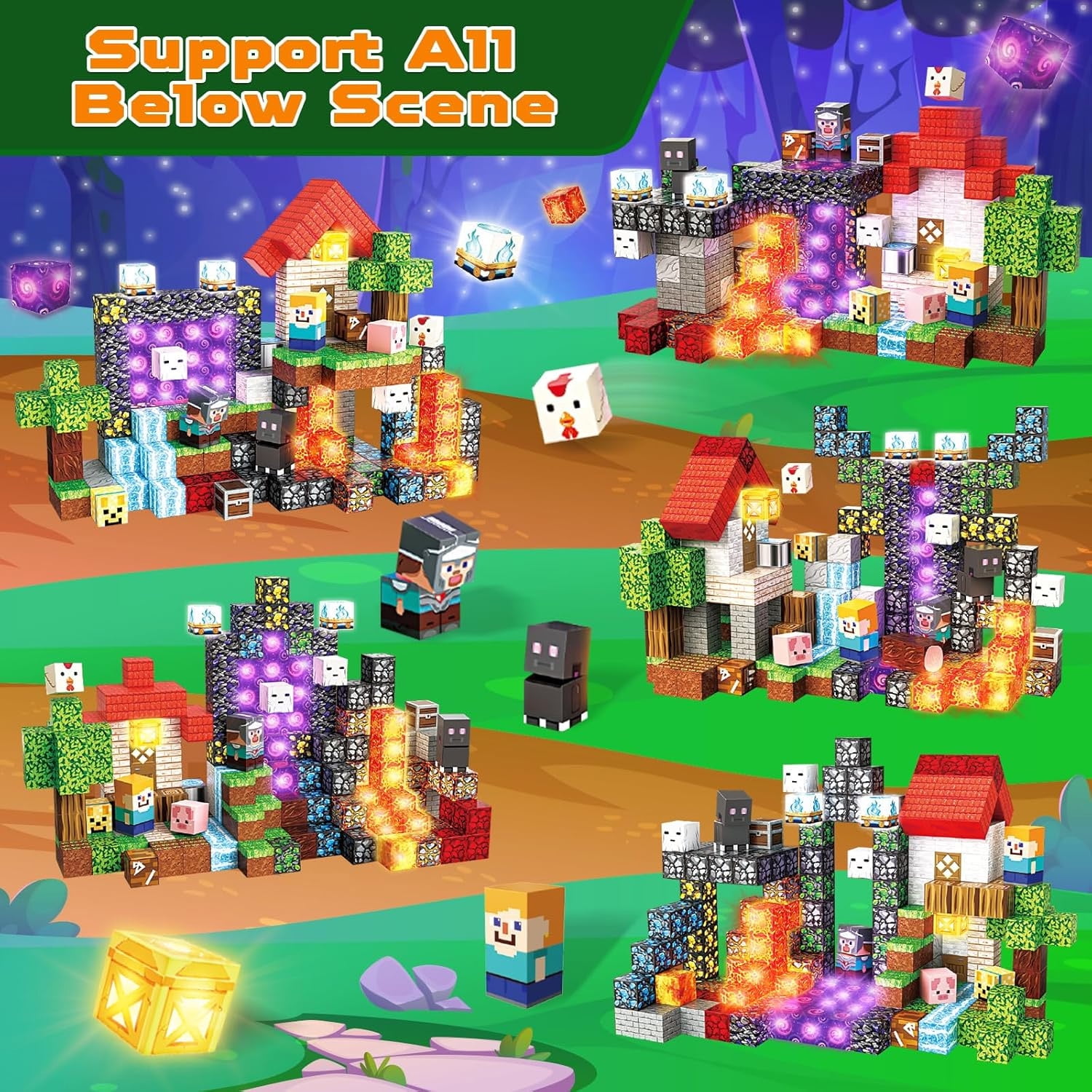 Annexfun 200 PCS Magnetic Blocks with Light Up Blocks - Magnetic Building Blocks, Magnetic Construction Cube Toys, STEM Sensory Learning Toys, Easter Birthday Gifts for Toddlers Boys and Girls Age 3+