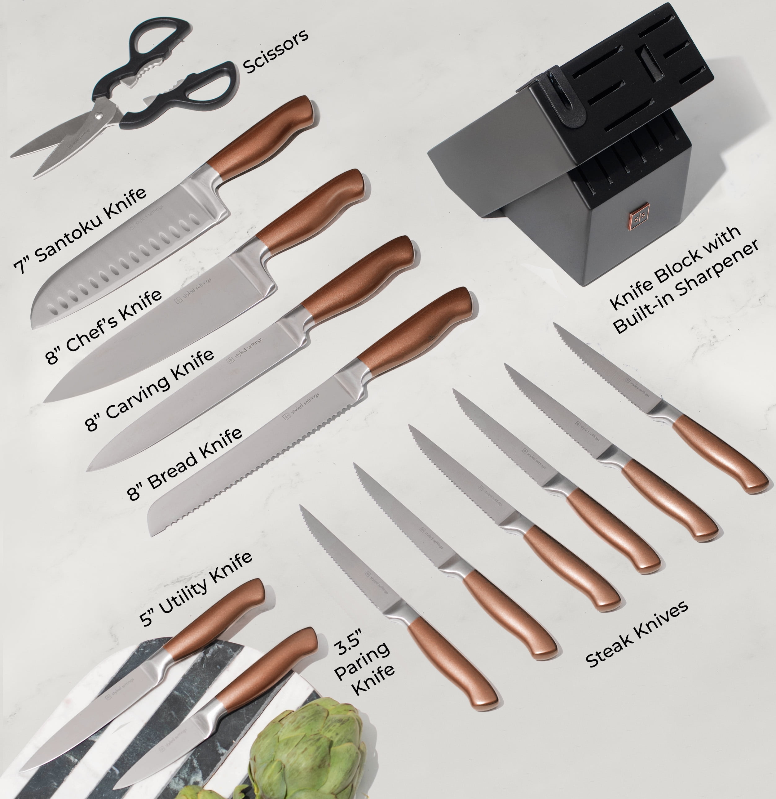 Styled Settings Copper Knife Set with Sharpening Block