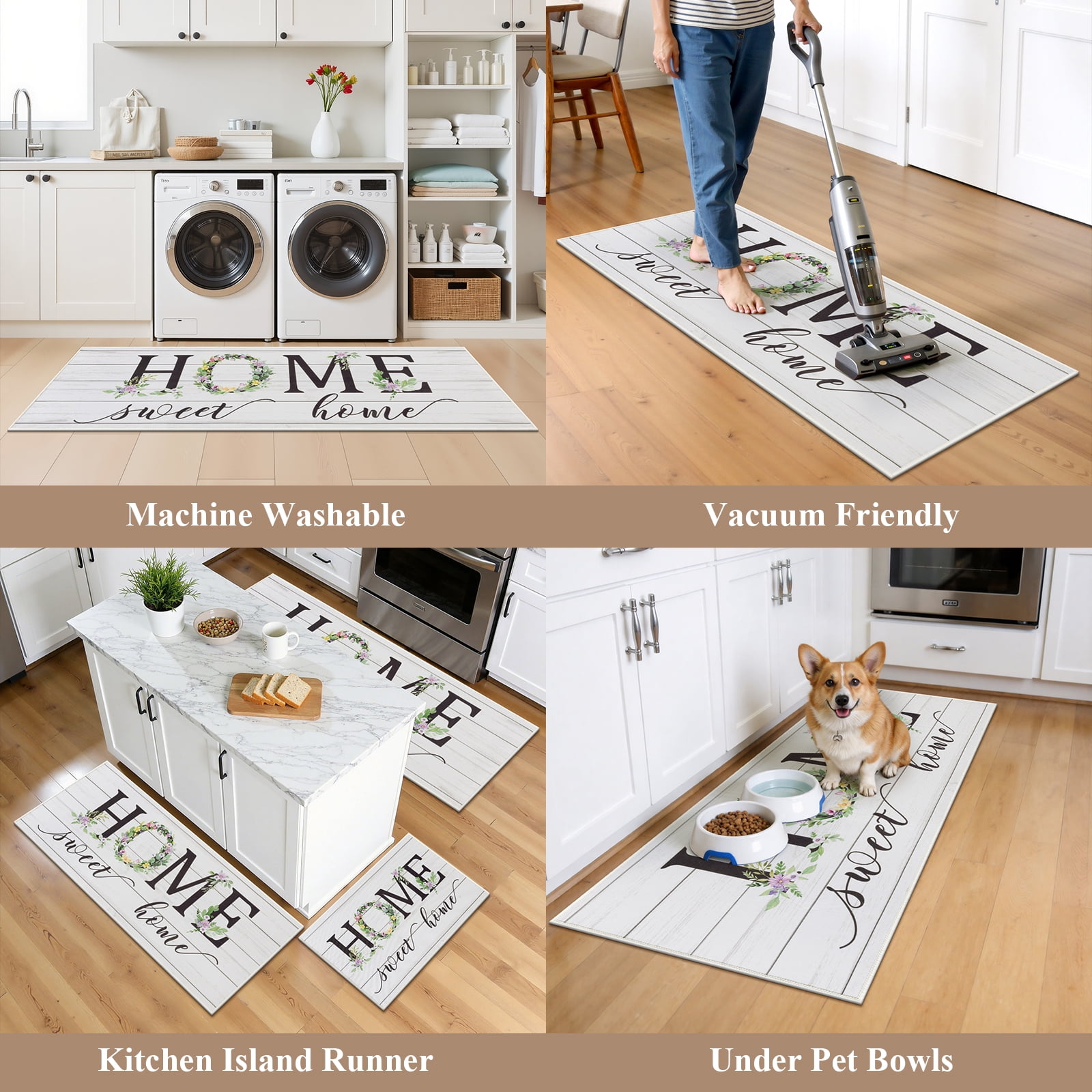 Vaukki Kitchen Rugs Sets of 3 Non Slip Washable Kitchen Mats for Floor,Waterproof Floor Mat Carpet for Kitchen,Laundry,Sink,White