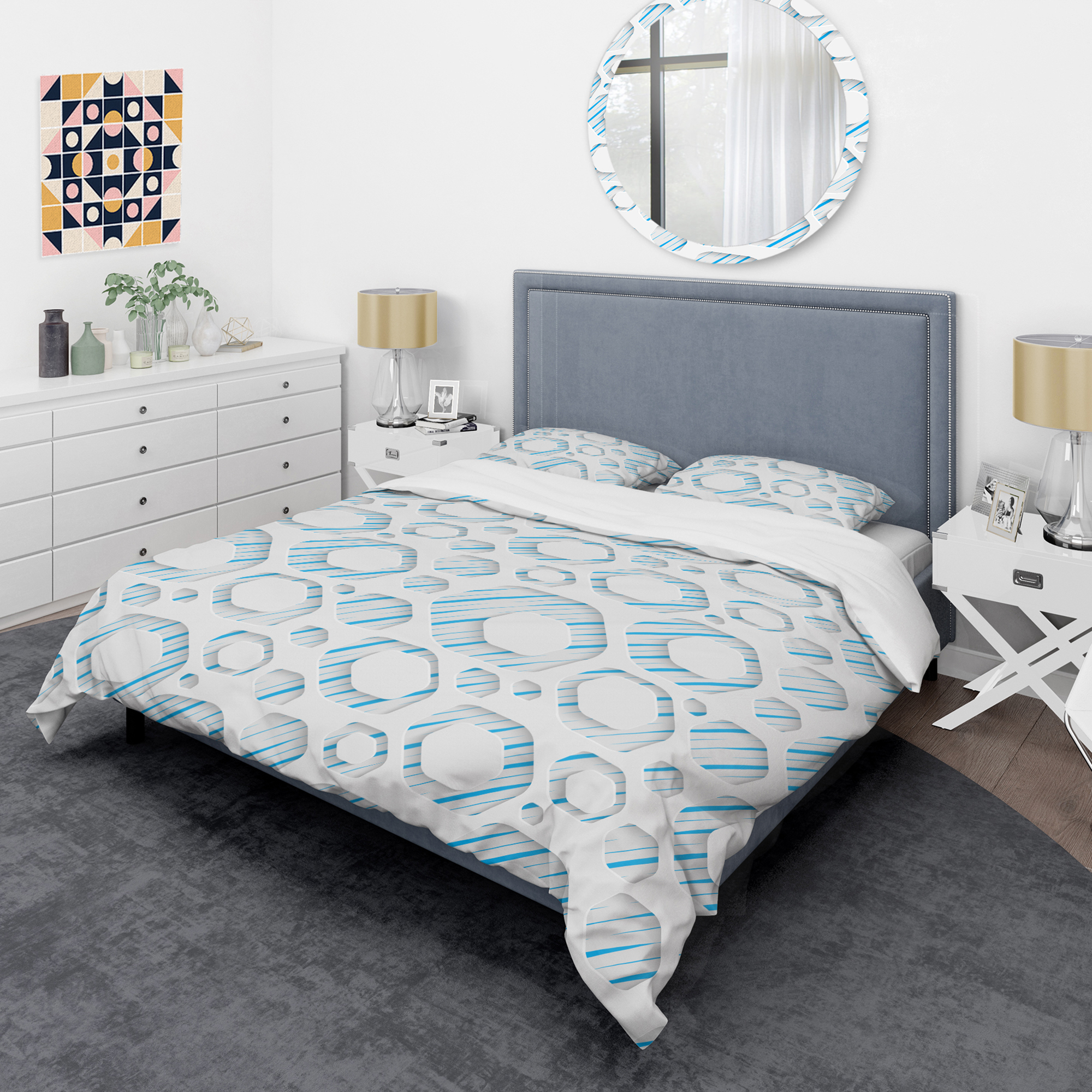 Designart '3D White And Blue Pattern IV' Mid-Century Modern Duvet Cover Set