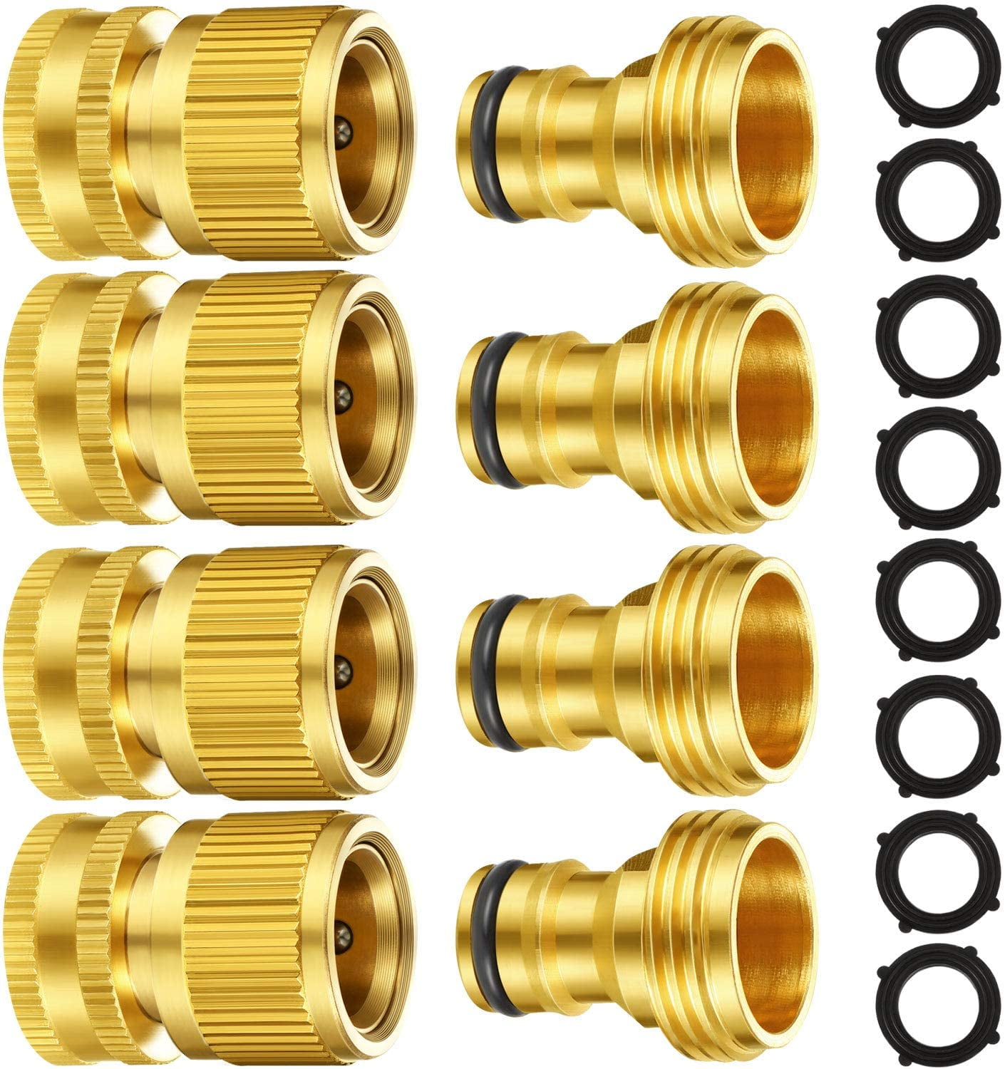 HRTGFD-Garden Hose Quick Connect Fittings Solid Brass Quick Connector 3/4 Inch GHT Garden Water Hose Connectors with Extra Rubber Washers, Male and Female (4 Set)