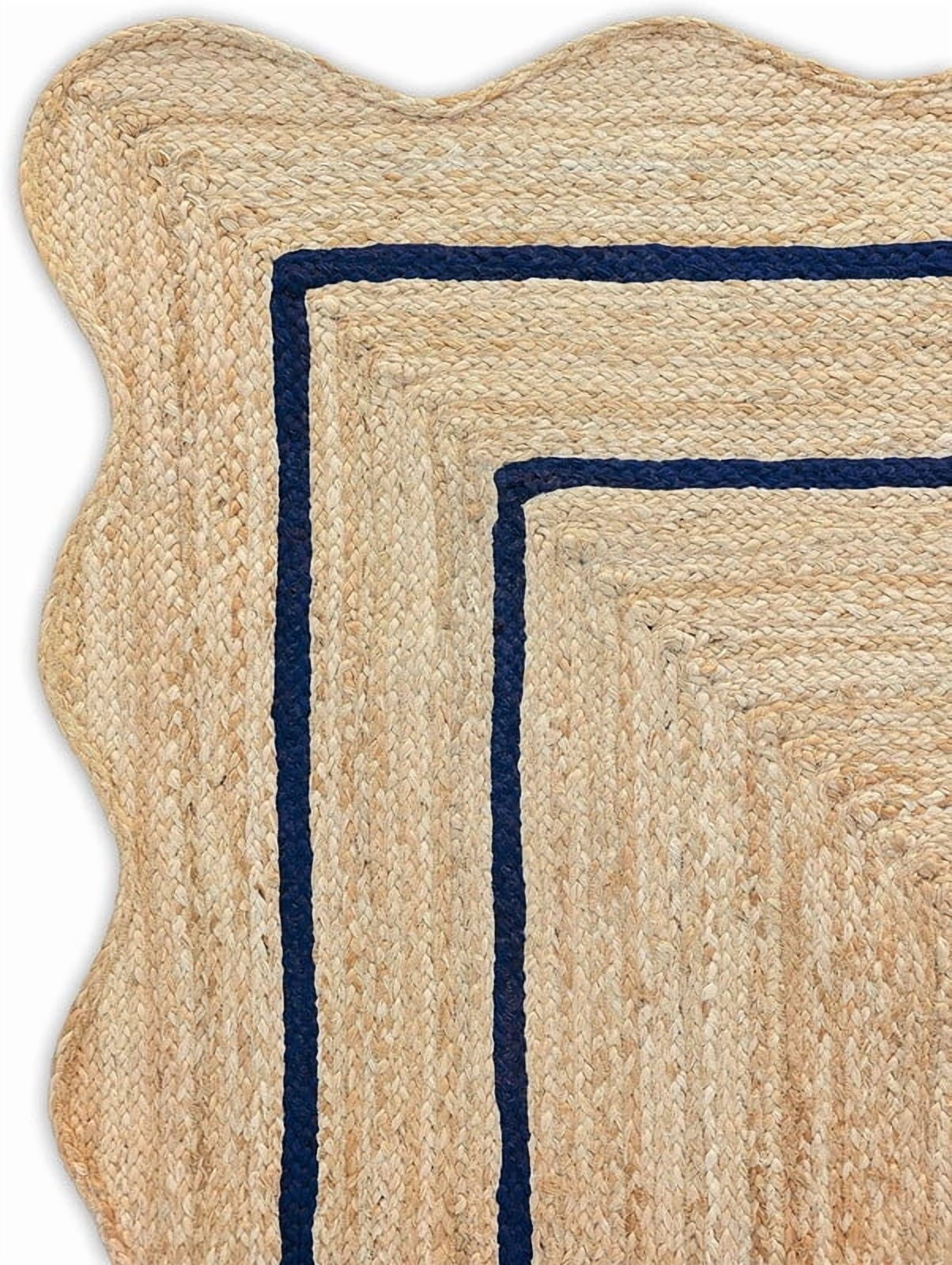 2x3 Ft Navy Blue Border Premium Scalloped Jute Rug, Handcrafted Natural Braided Carpet for Living Room, Bedroom, Entryway, Hallway etc.