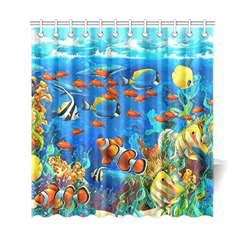 Underwater Clown Fish Sealife Fabric Shower Curtain 70" Colorful Nautical Ocean 