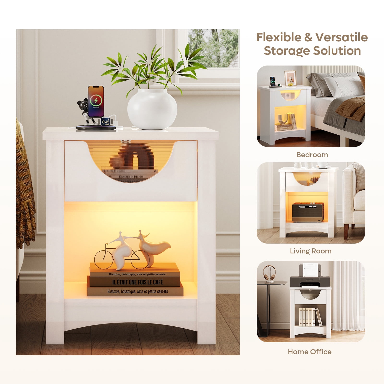 Bestier Modern White Nightstand with Charging Station, LED Light, Drawer – Bedroom & Living Room End Table