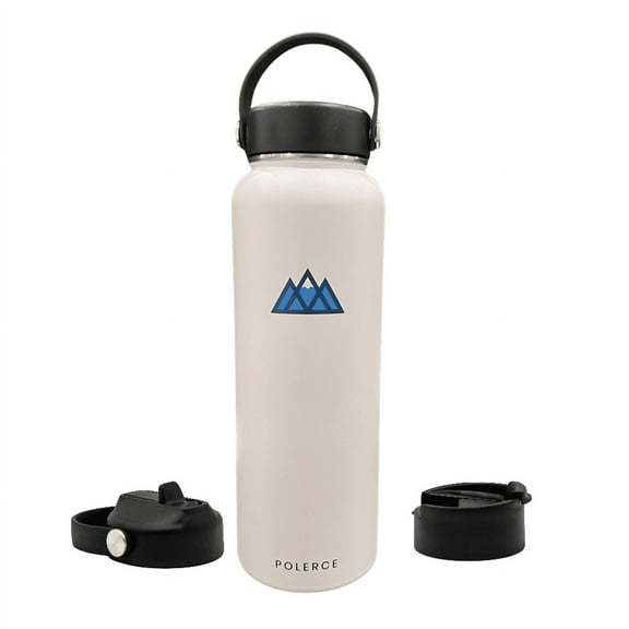 Vacuum Insulated Bottle with 3 Lids - Stainless Steel Thermally Insulated Flask - 40 fl oz - White - by Polerce