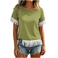 thumbnail image 2 of Uootdi Beach Tops for Women Crew Neck Short Sleeve Fringe Trim Cuff And Hem Polka Dot Print Soft Knit Boho Tops for Women Loose Fit Beach Vacation Lightweight Airy Womens Tees, 2 of 6