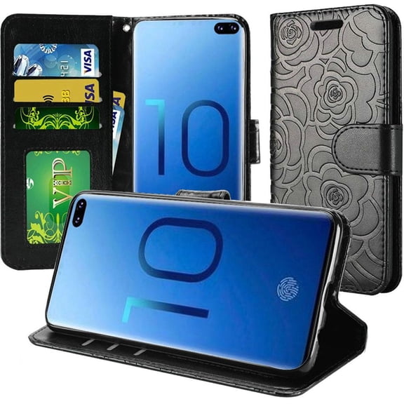 GSA Rose Embossed Flip Wallet Case for Samsung Galaxy S10 Plus (6.4") Black