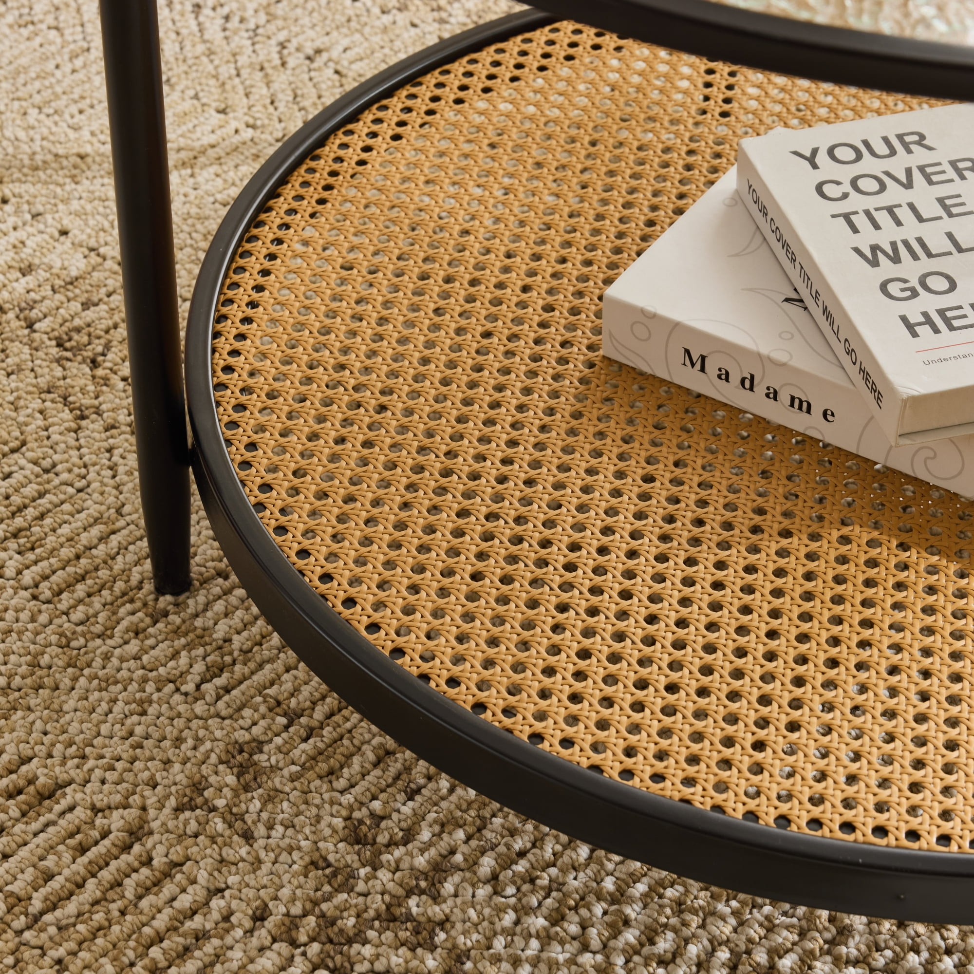 Ktaxon Accent Coffee Table, Round Glass Modern Center Table with Rattan Tier, 30.7" Rustic TV Cabinet for Living Room, Black