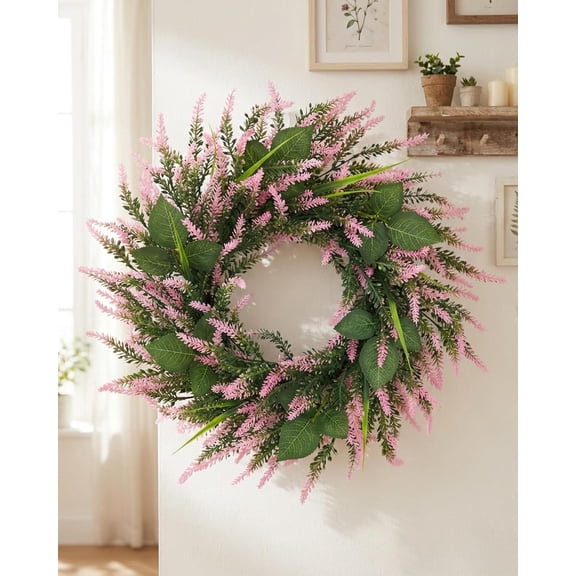 Artificial Pink Lavender Wreath Spring Summer  Wreath Handmade Wreath with Lavender for Gifts Festival Front Door Window Wall Farmhouse Decor