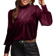 thumbnail image 2 of HongQid Women Patchwork Velvet Tops Mock Neck Puff Long Sleeve Spring Fall Vintage Dressy Blouse, 2 of 7