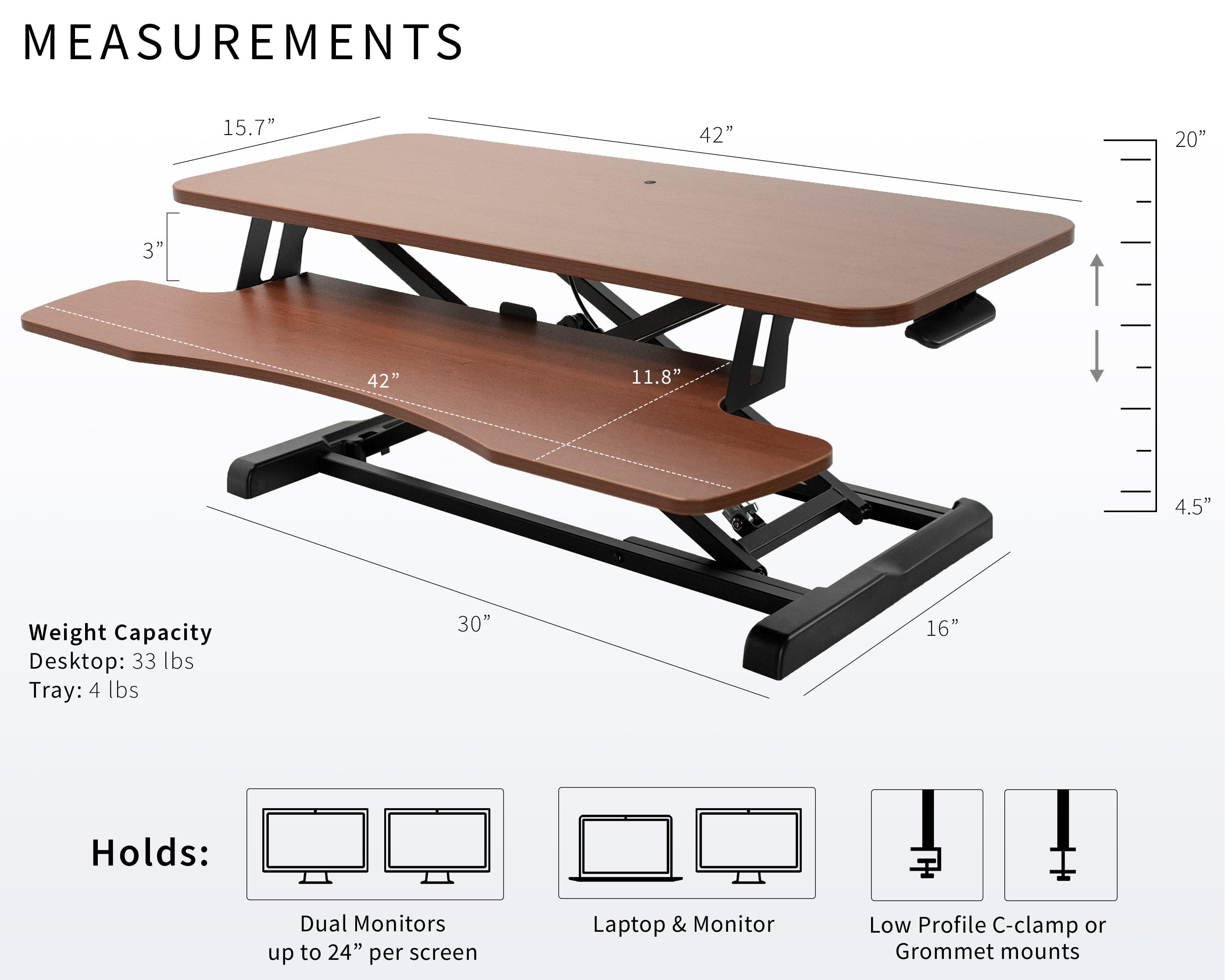 VIVO Adjustable 42" Standing Desk Monitor Riser, Dark Walnut Top, Black Frame