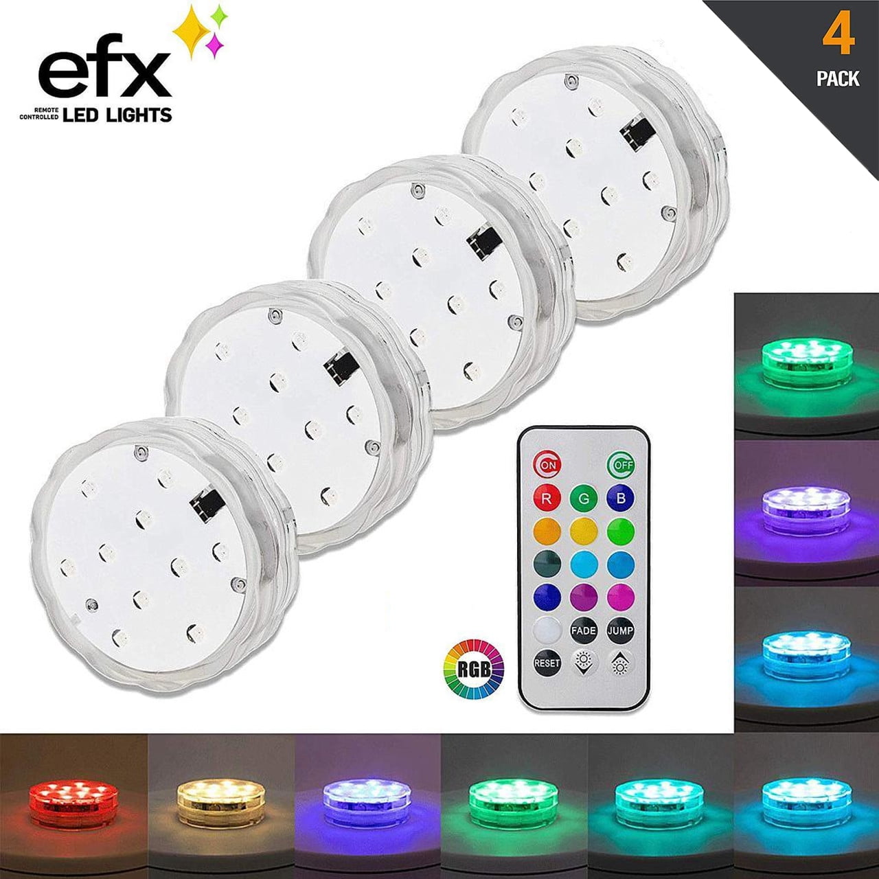 4pk EFX Submersible LED Lights With Remote Waterproof Color Changing Effect