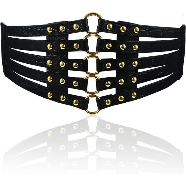 Ceinture Large en Cuir PU pour Femmes Mode Rivets Creux Ceinture Extensible