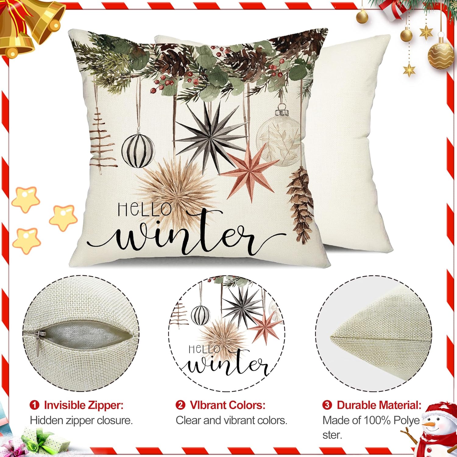 Christmas Pillow Covers 20x20 inch Set of 4 Christmas Tree Gloves Hello Winter Decorative Throw Pillow Covers Winter Farmhouse Decoration for Home Couch