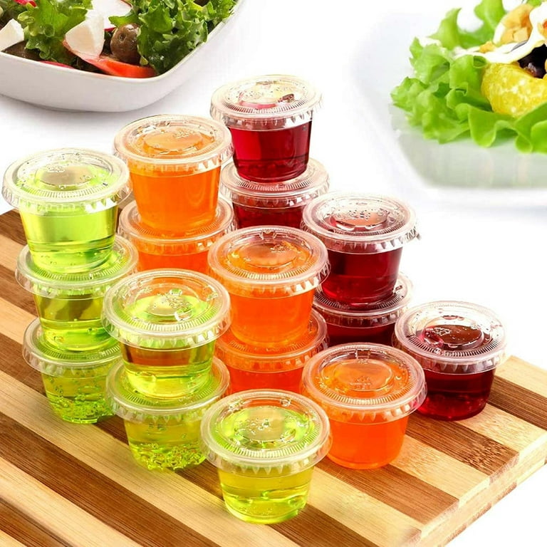 Turbo Bee 100 Sets 2oz Portion Cups with Lids,Jello Shot Cups with Lids,  Small Disposable Souffle Portion Container for Salad Dressing Sauce  Condiment Snack Souffle and Salsa 100pack2oz