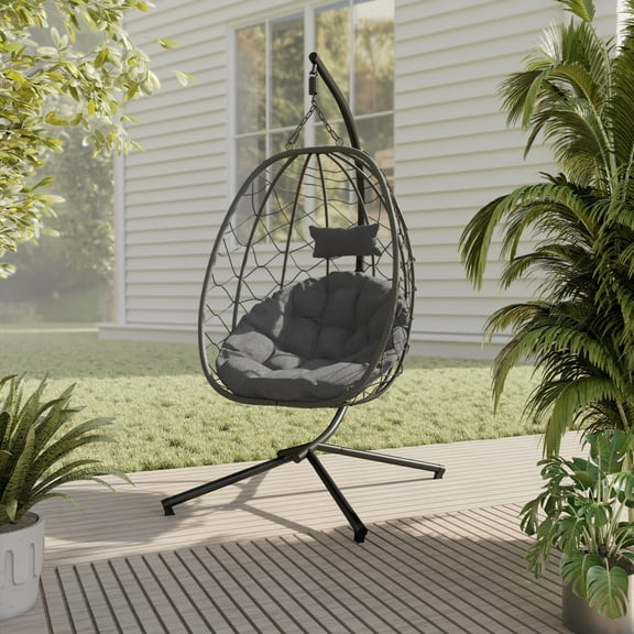 LeisureMod Single Person Egg Swing Chair Powder-Coated Iron Stand in Black and Steel Chains with Removable Cushions Summit Collection in Charcoal