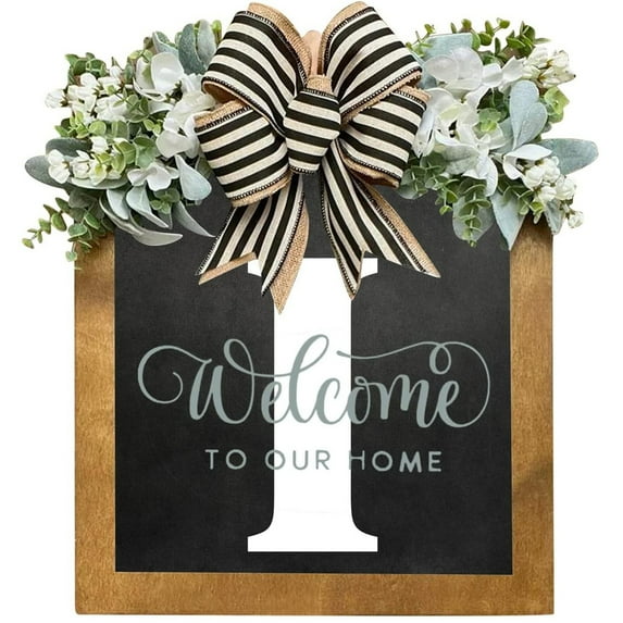 FaLX Alphabet Design Front Door Wreath - Burr-free - Faux Greenery with Bowknot - Initial Last Name Year - Farmhouse Welcome Door Sign - Home Supplies