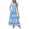 thumbnail image 3 of Womens 2025 Summer Casual V Neck Boho Maxi Dress Flowy Aline Bell Sleeve Tiered Floral Dresses with Pocket Light Blue S, 3 of 7