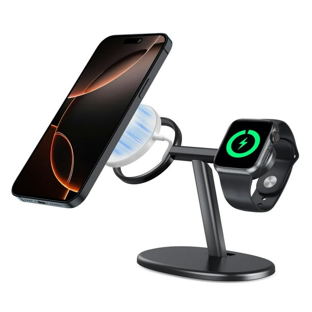 Soporte de Carga EWA MagSafe Negro con Ángulo de Visión Ergonómico para iPhone y Apple Watch