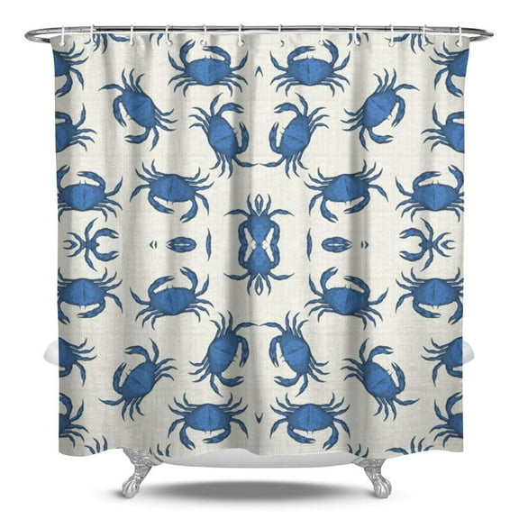 Waterproof Crab Shower Curtain Featuring Cute Cartoon Watercolor Crab Print, Tropical Sea Life Vintage Nautical Black White Colorful Ocean Marine Beach Pattern Fabric Shower Curtain