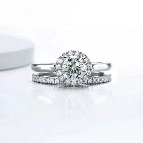 Oryn Jewelry 14K White Gold Plated Moissanite Ring - 2 Ct Round Brilliant Cut Moissanite Ring - Women’s Halo Moissanite Rings - Two Ring Bridal Set - Elegant Jewelry for Her