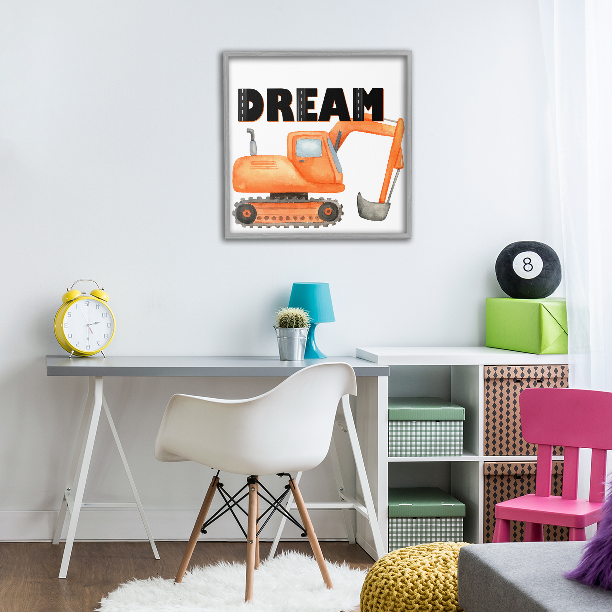 Dream with Orange Excavator Gray Framed Giclee Art, design by Kim Allen