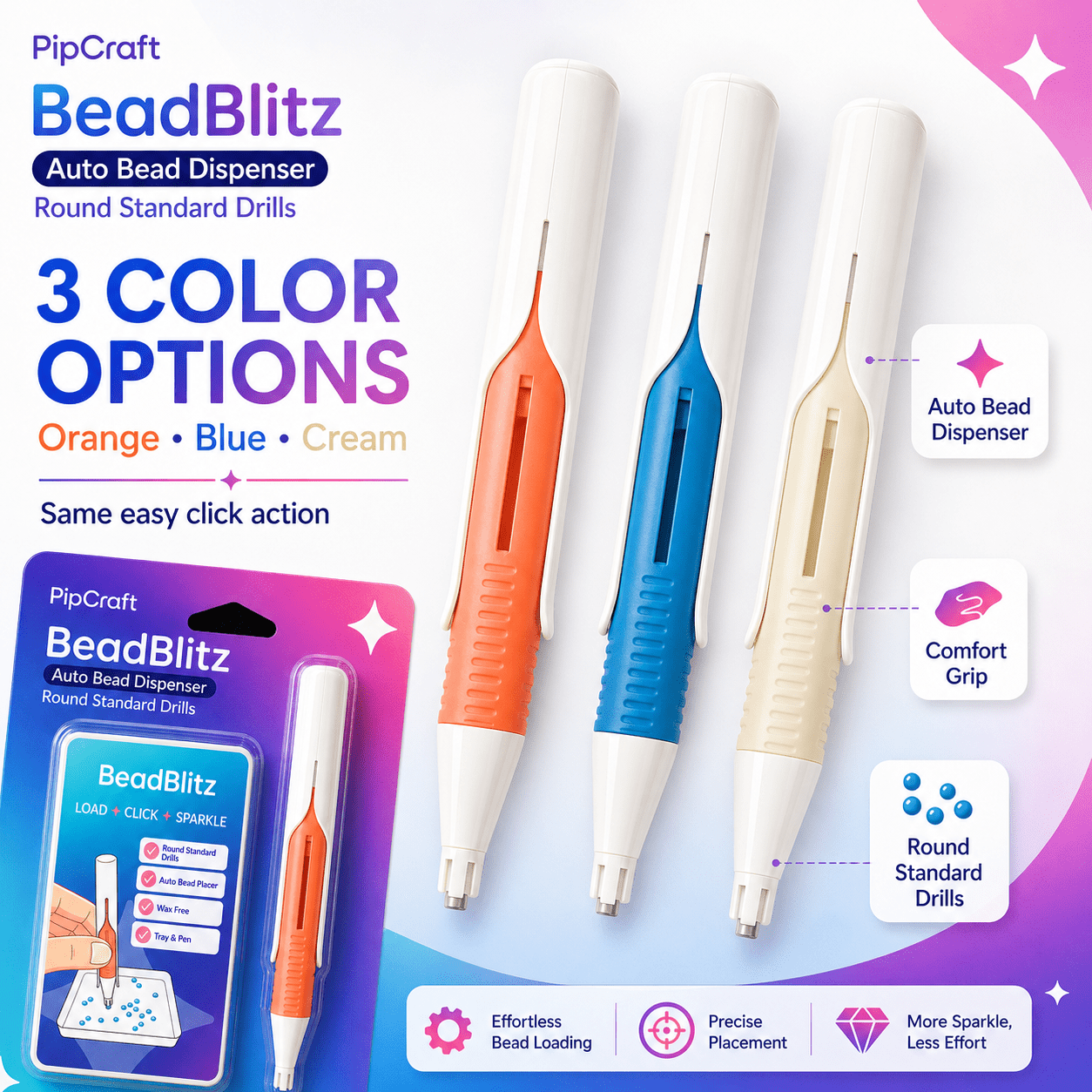 BeadBlitz Automatic Diamond Painting Pen, Reloadable Bead Dispenser for Round 2.8mm Standard Drills, Wax-Free Diamond Art Placement Tool with Silicone Loading Tray