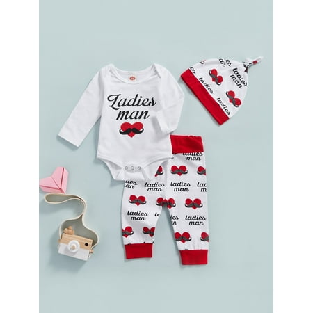 

Valentine s Day Infant Baby Boys 3Pcs Clothes Sets Long Sleeve Letter Print Romper Tops Heart Beard Pants with Hat (Black 3-6 Months)