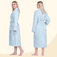 thumbnail image 4 of PAVILIA Plush Fleece Robe for Women, Soft Cozy Long Bathrobe with Satin Waffle Trim, Warm Lightweight Spa Robe, Housecoat with Pockets & Tie Belt, Light Blue, S/M, 4 of 10