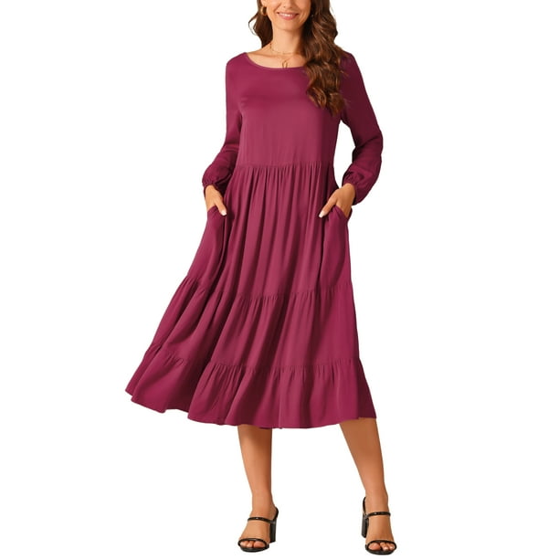 Vestidos maxi casuales de otoño para mujeres INSPIRE CHIC con cuello redondo, fluido, de capas, bohemio, largo, con bolsillos