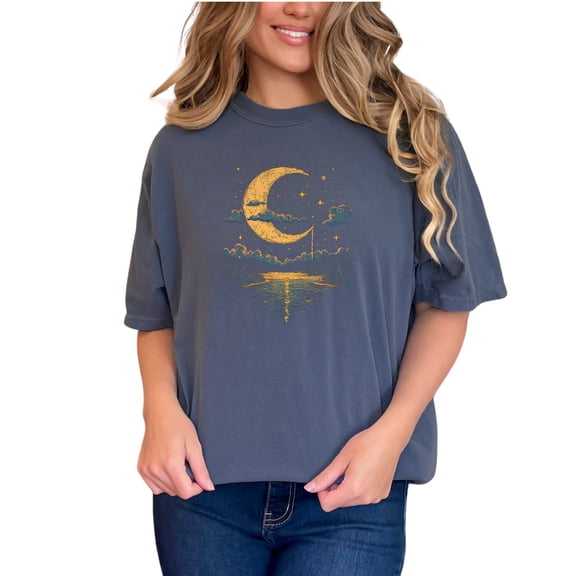 Unique Celestial Moonlight Scene T-Shirt, Mystical Night Sky Art Tee, Cosmic Moon Star Clouds Design, Dreamy Night Landscape Shirt, Denim Comfort Colors T-Shirt, Small