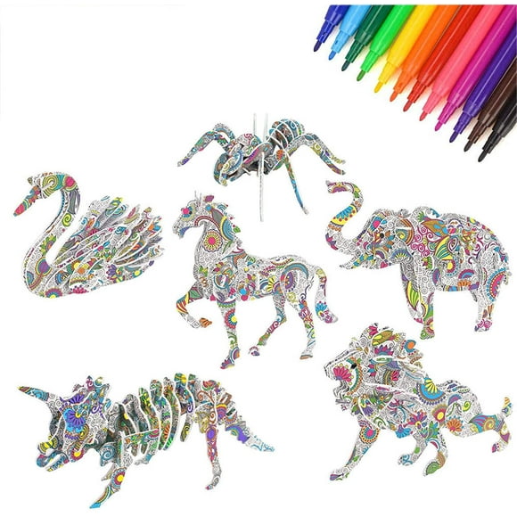3D Puzzle -3D Children's Color Puzzle Toy Set, for and boy Puzzle Game, 6 Kinds of Animal Creative Crafts DIY-Color Pen Set Markers, Birthday Gifts (Animal Mix)
