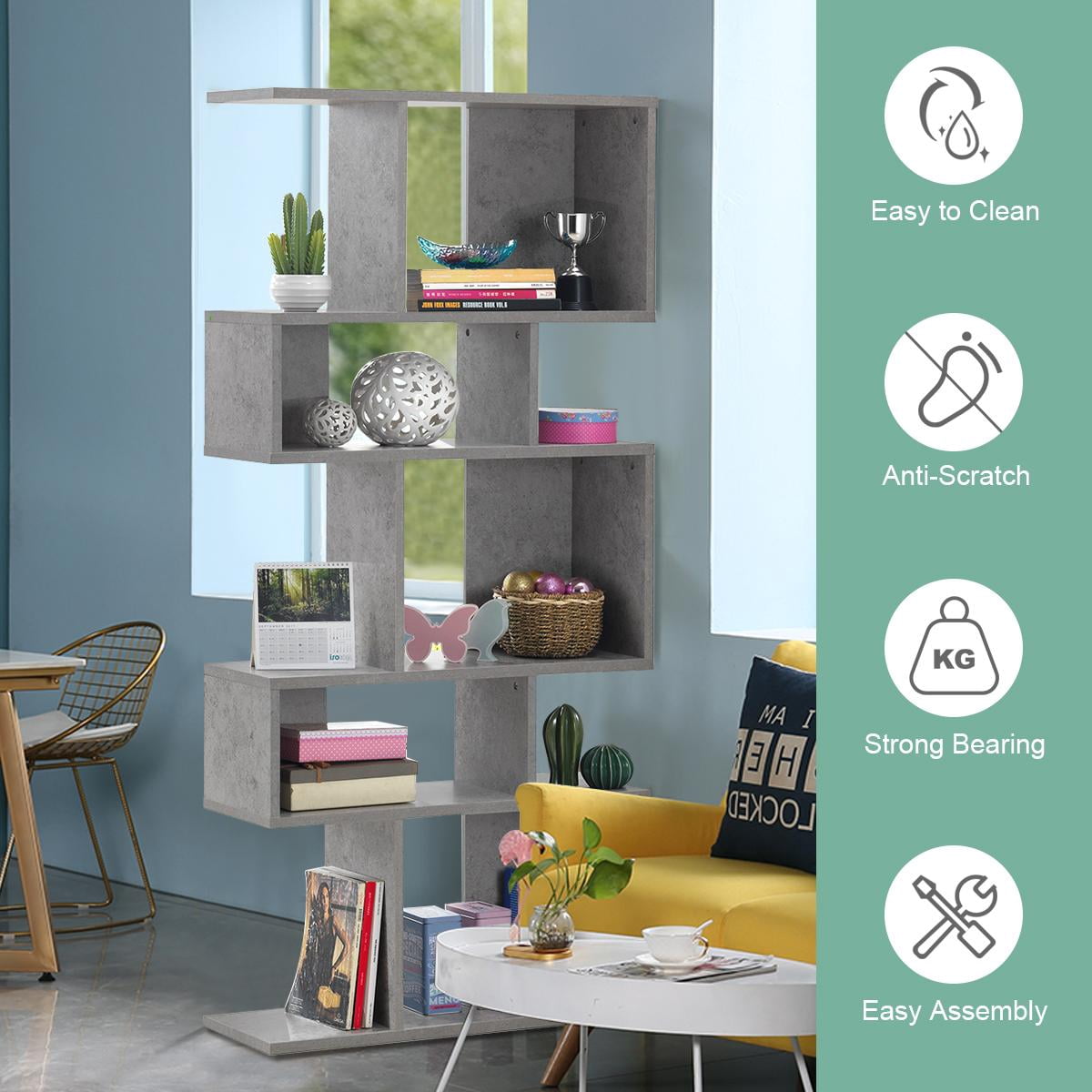 Giantex Freestanding Ladder Bookcase, 5 Cubes Corner Storage Bookshelf, 5-Layer Organizer Rack Display Cabinet, Gray