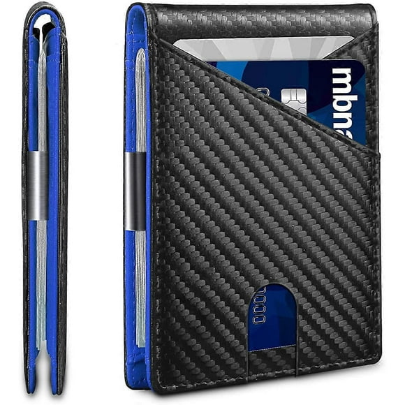 Wallet for Men Slim with 12 Slots RFID Blocking Men's Front Pocket Wallet Black with ID Window (CARBON BLACK AND BLUE)