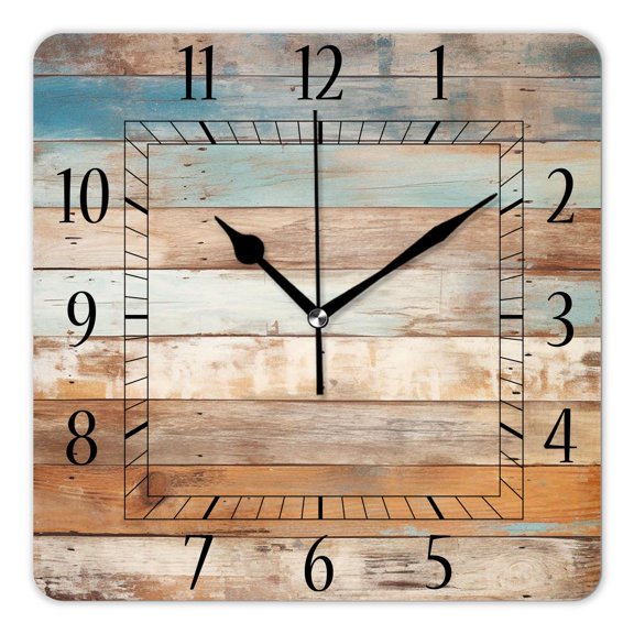 14 Inch Wall Clock Battery Operated Square Clock Decorative for Office, Kitchen, Outdoor, Living Room,Wooden Old Teal Multicolor