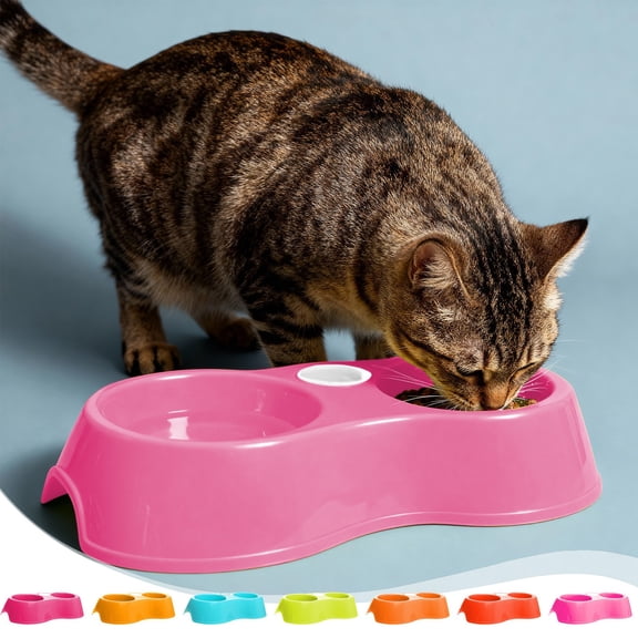 CuiLiyq Pet Double Bowl, Dual Food and Water Bowl with Non Slip Base for Dogs Cats, Lightweight Plastic Feeding Dish Set for Home Travel (Pink)