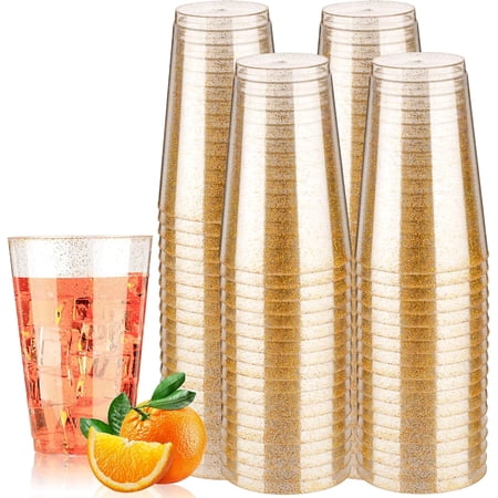 14 oz 100 PCS Gold Glitter Plastic Cups, Disposable Glitter Cups, Elegant Plastic Cocktail Glasses, Fancy Party Cups for Wedding, Birthday, Holiday
