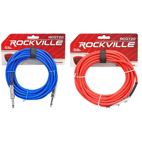 4 Rockville 20'  1/4" TS to 1/4'' TS Guitar/Instrument Cable (2 Red and 2 Blue)