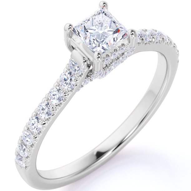 JeenMata Anillo de Bodas Clásico de Banda Fina de Moissanita de Corte Cuadrado Simple de 1 Quilate con Detalles Pavé en Oro Blanco de 18 K sobre Plata