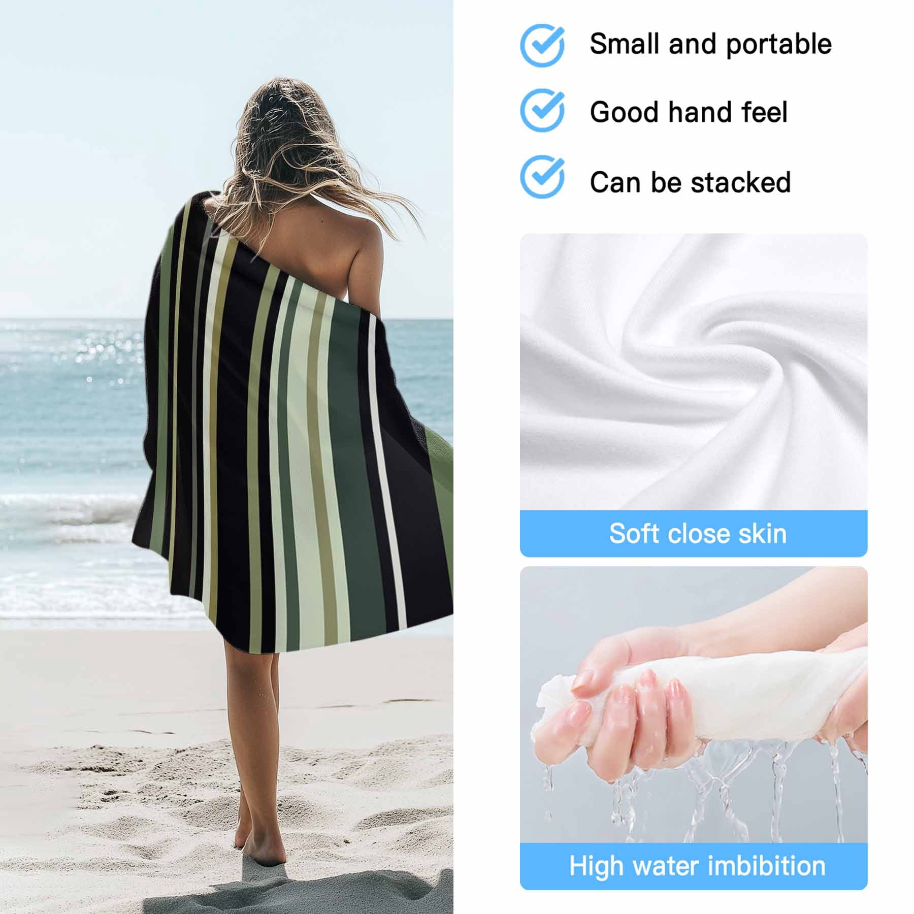 Green Black Retro Stripe Beach Towels Blanket Soft&Absorbent Quick Dry Microfiber Minimalist Geometric Pattern Pool Towels for Swimming ,Yoga, Sports, Gym, Camping,Large 30X60in,