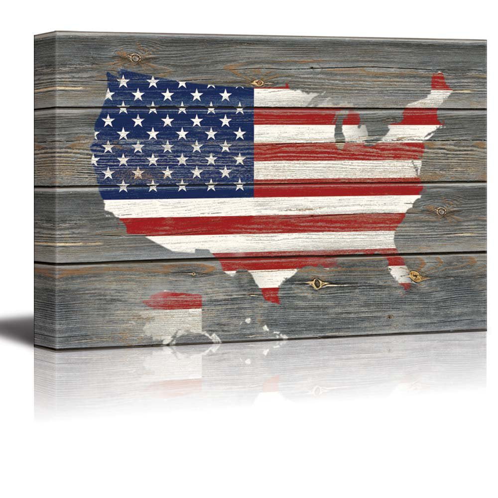 American Flag Over a Map of the United States 32x48 Canvas Art Home Decor 