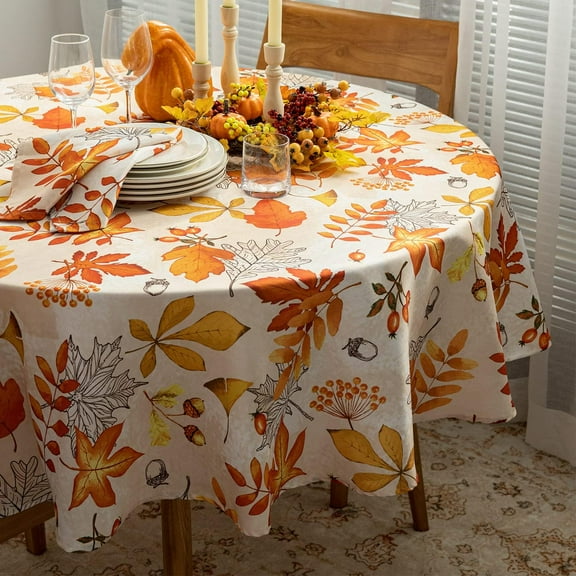 Fall Thanksgiving Tabletop Collection for Kitchen Dining Decoration Parties Harvest, Fall Leaves, Tablecloth, 60" Round