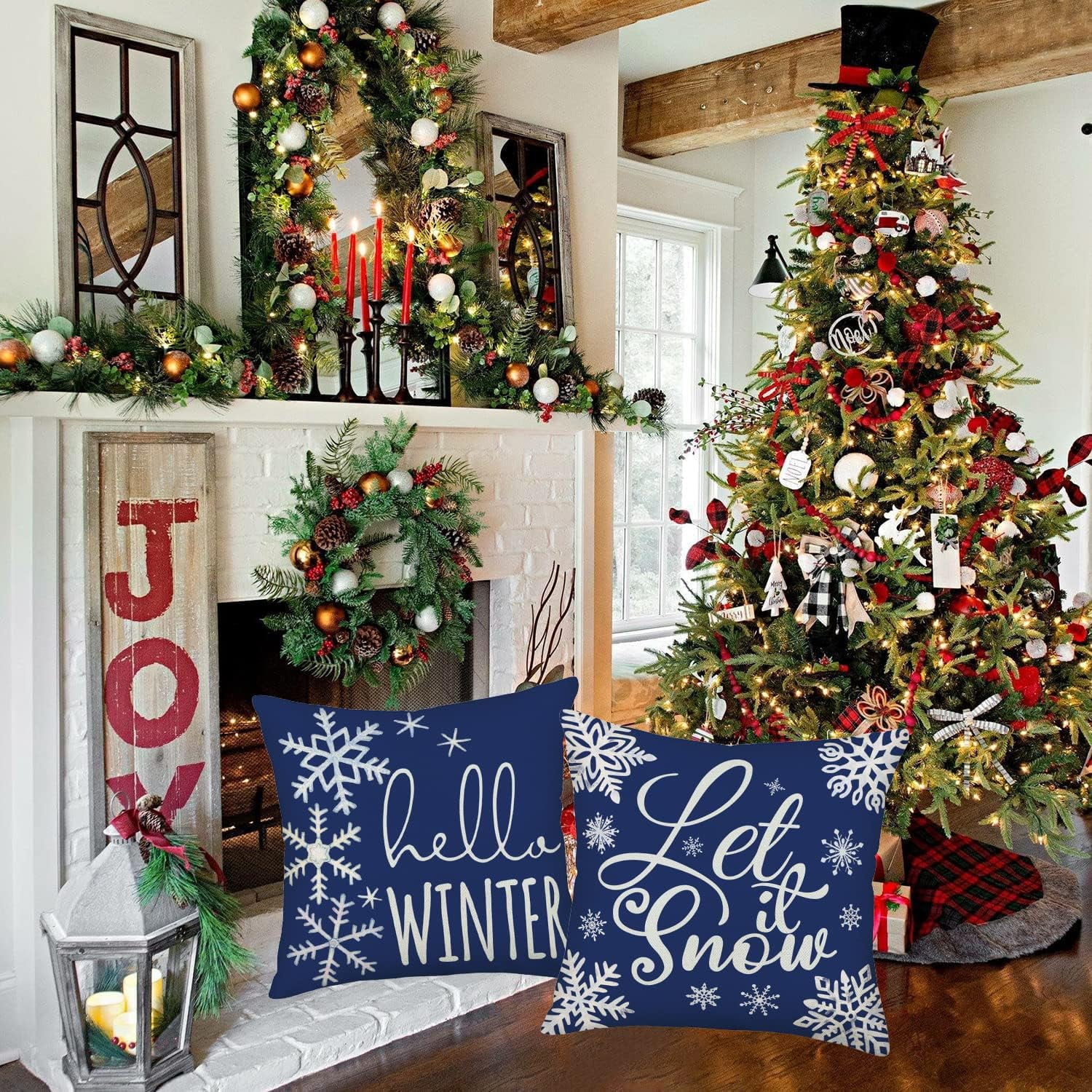Winter Christmas Pillow Covers 18x18 Inch Silver Truck Snowflake with Blue Farm Xmas Tree Snowman Baby It’s Cold Outside Let it Snow Throw Pillow Cases New Year Decor Set of 4 Cushion Cover