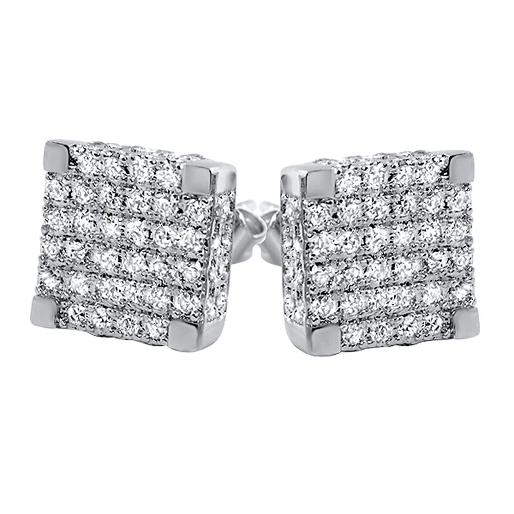 Deluxe Micro-Pave 3D Simulate Diamond Silver Plated Hip Hop Cube Stud Earring 