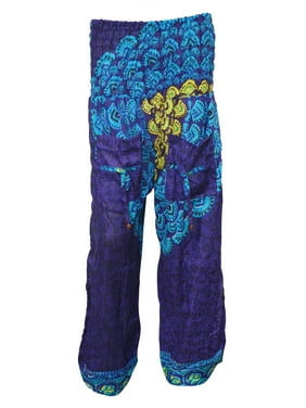 Mogul Women Yoga Pants Purple Blue Indi Mandala Printed Loose Comfy Harem Pants SM