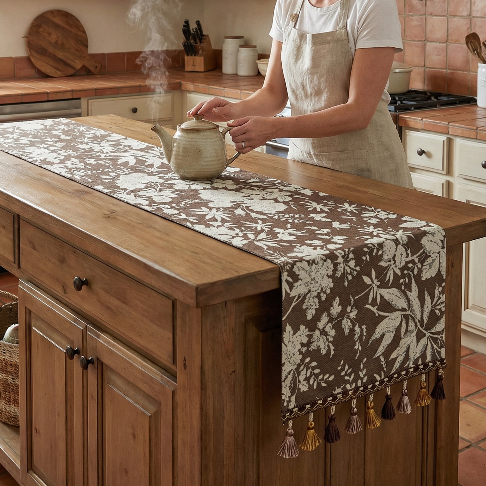 Unique Bargains Floral Table Decoration Kitchen Runner with Tassel Coffee 13.8x70.9in