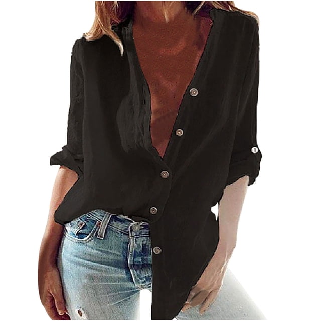 Womens Cotton Linen Button Down Shirt Casual Roll up Long Sleeve Loose Fit Stand Collar Linen Work Blouse Tops Plus Size