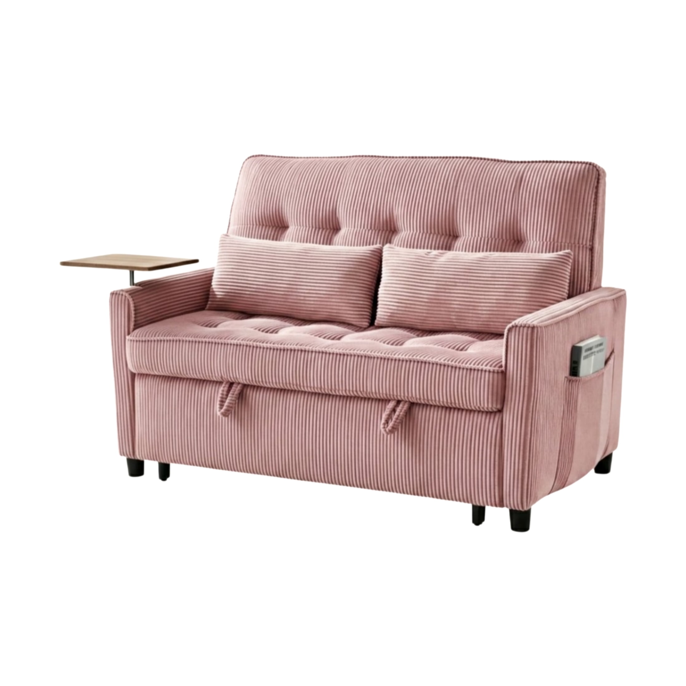 Vinform 3 in 1 Convertible Sleeper Sofa Bed, 55" Corduroy Pull Out Loveseat with Arm Table for Small Space, Pink