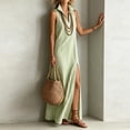 thumbnail image 5 of ZQUUVOU Women's Sleeveless Striped Maxi Dress Stand Collared V Neck High Slit Hem Casual Shift Dress Summer Vacation Outfits Olive Green, 5 of 7