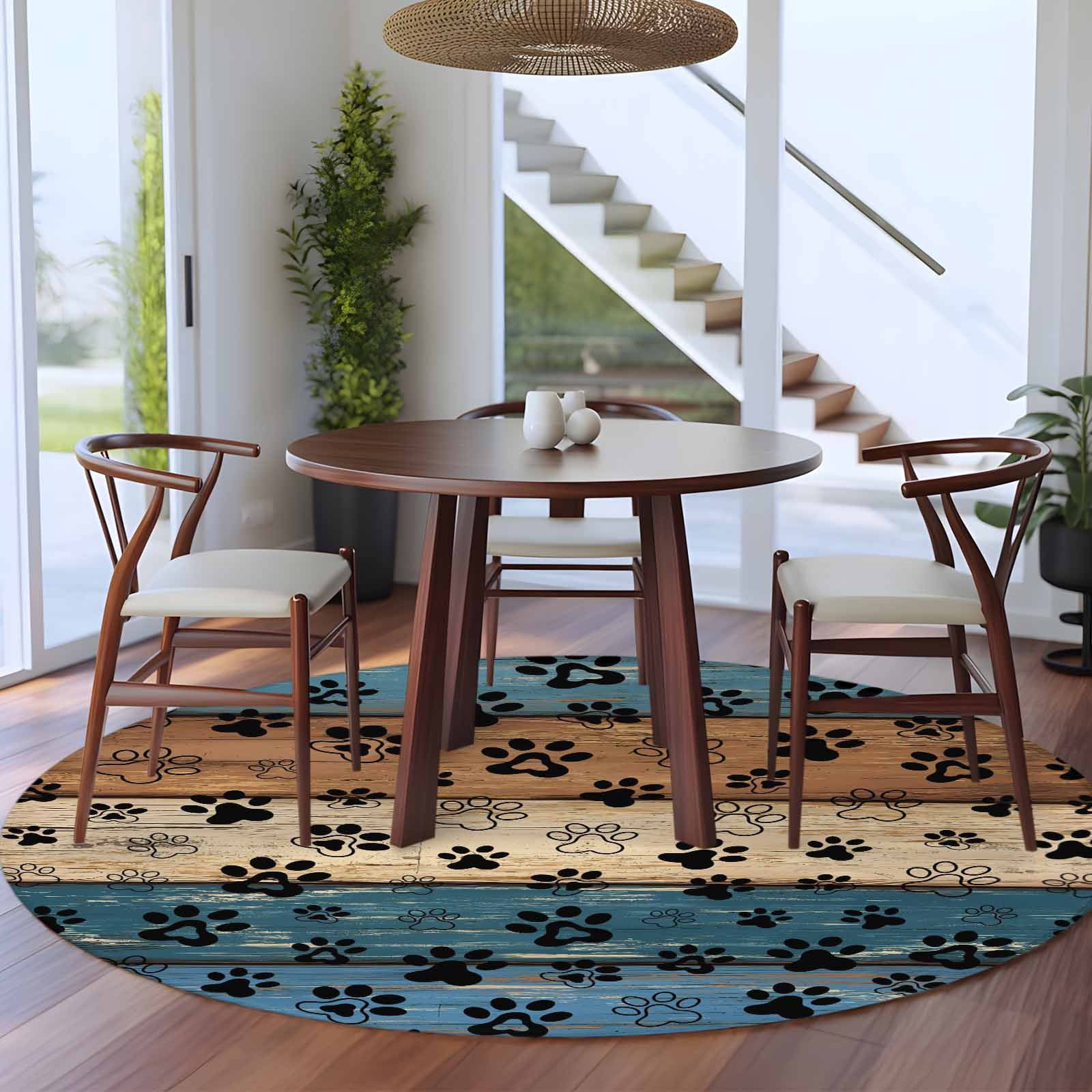 Round Area Rug 5 Ft, Navy Blue Brown Washable Non-Slip Circle Carpet for Living Room/Bedroom, Rustic Farmhouse Dog Paw Vintage Low-Profile Runner Mats Collection Rugs for Indoor